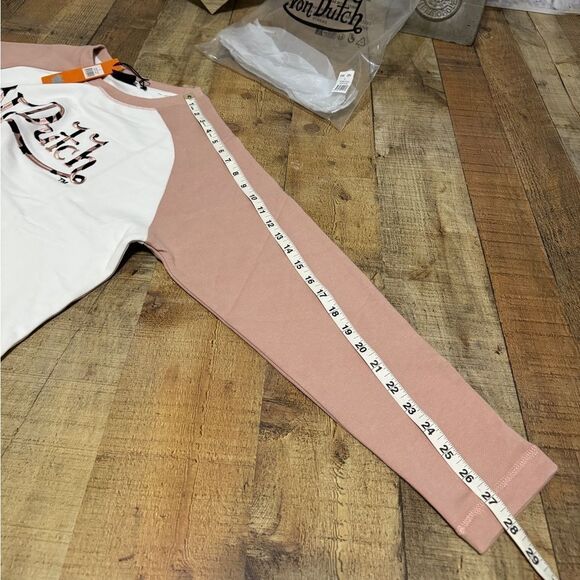 Von Dutch Raglan Embroidered Cropped Sweat Top Sz Large Dirty Pink NWT - Picture 9 of 11